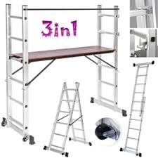 3 IN 1 Aluminium Working Ladder Scaffold Tower w/ Safety Braces + Ruedas Wheel