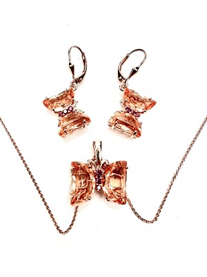 Morganique Quartz (Triplet) Rhodolite Garnet Butterfly Necklace & Earrings Set