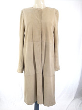 Nougat Suede Leather Coat Beige Collarless Vintage Longline Overcoat Uk 12 14