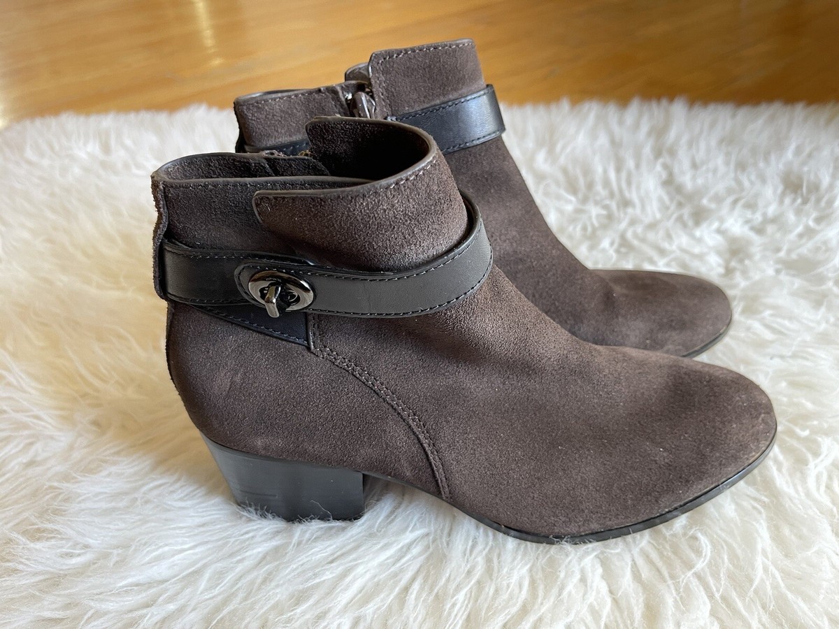 COACH Women's Sz Patricia Bootie Dark Brown Suede Leather Block Heel