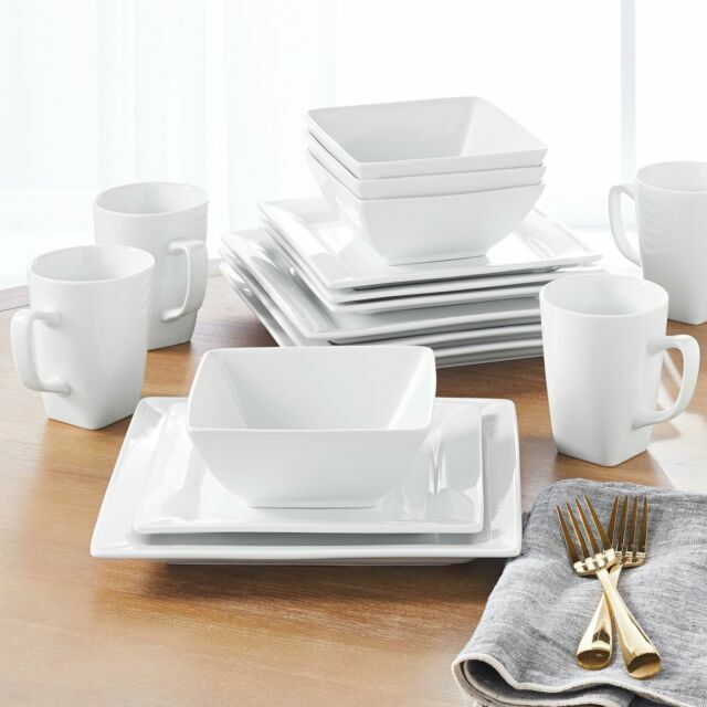 NEW Better Homes & Gardens 16 Piece Square Porcelain Dinnerware Set, White