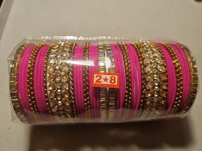 Lot De 6 Bracelets Traditionnels Indiens (bangales) Rose Fuchsia à Paillettes - Pour Mariage, Fête Ou Sari - Neuf Avec étiquettes