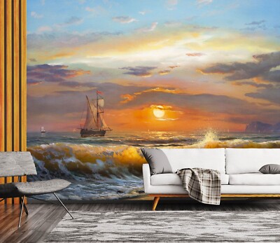 3D Sonnenuntergang Wellen Q753 Tapete Wandgemälde Fototapete Selbstklebend Panda