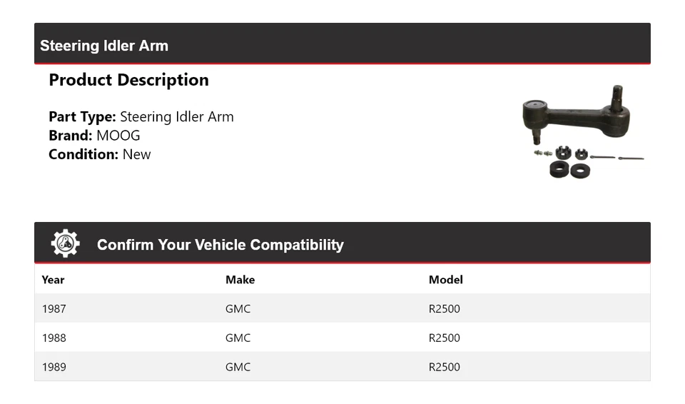 For 1987-1989 GMC R2500 Steering Idler Arm MOOG 1987 1988 1989 - Image 2 of 4