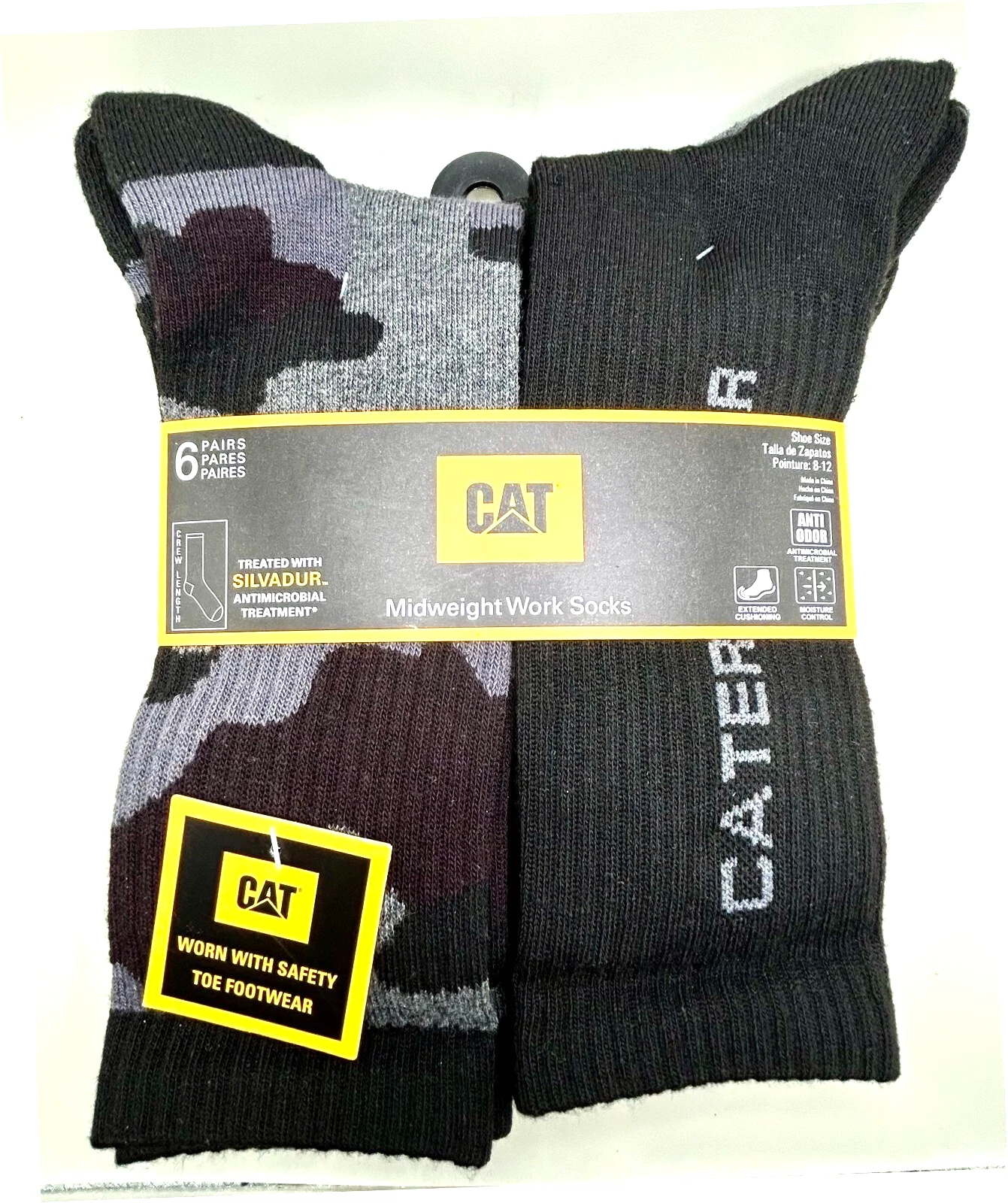 Caterpillar Mens Crew Socks Mid-Weight Boot Cushion Black/Camo 6 pairs Size 8-12