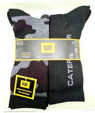 Caterpillar Mens Crew Socks Mid-Weight Boot Cushion Black/Camo 6 pairs Size 8-12