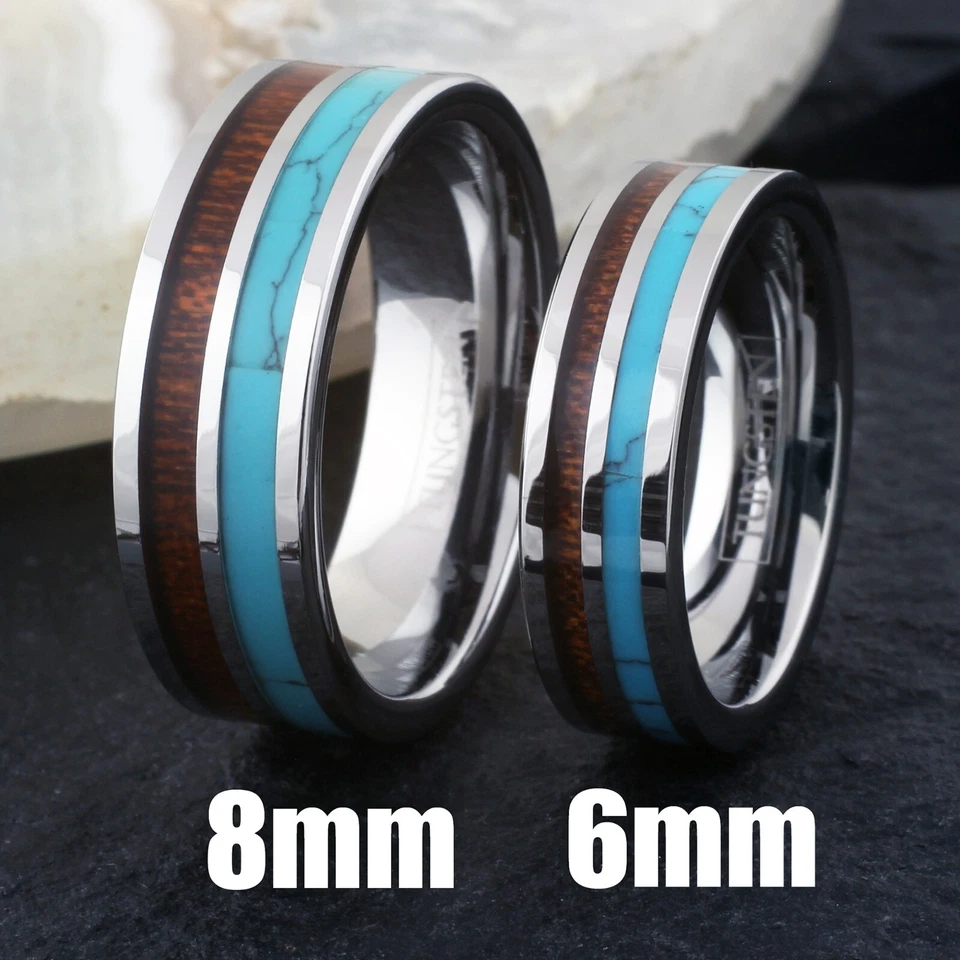 Anillo de boda de madera de tungsteno negro de 8 mm para hombre turquesa y koa - grabado disponible. Foto 2 de 4