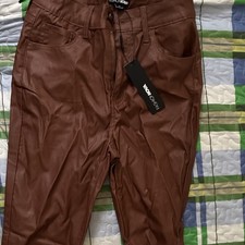 Fashion Nova Brown Faux Leather Women's Pants Button Zip Solid Regular