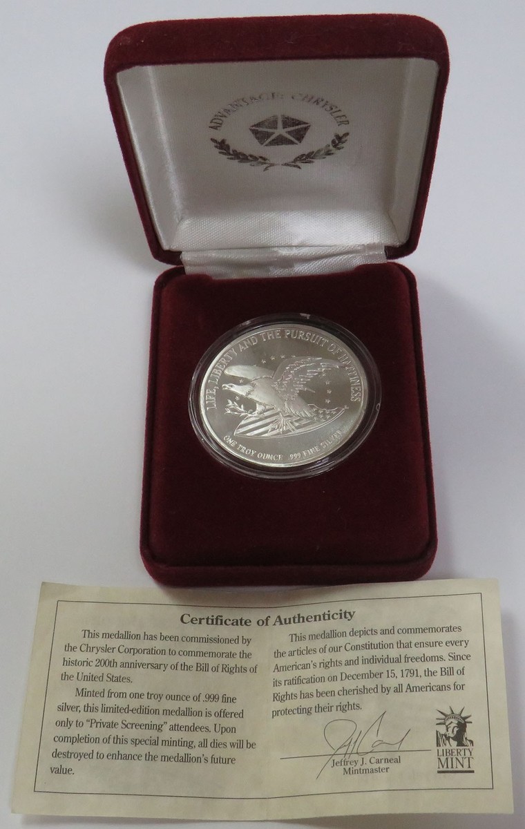 CHRYSLER HONORS 1791- 1991 BILL OF RIGHTS 1oz 999 FINE SILVER ART