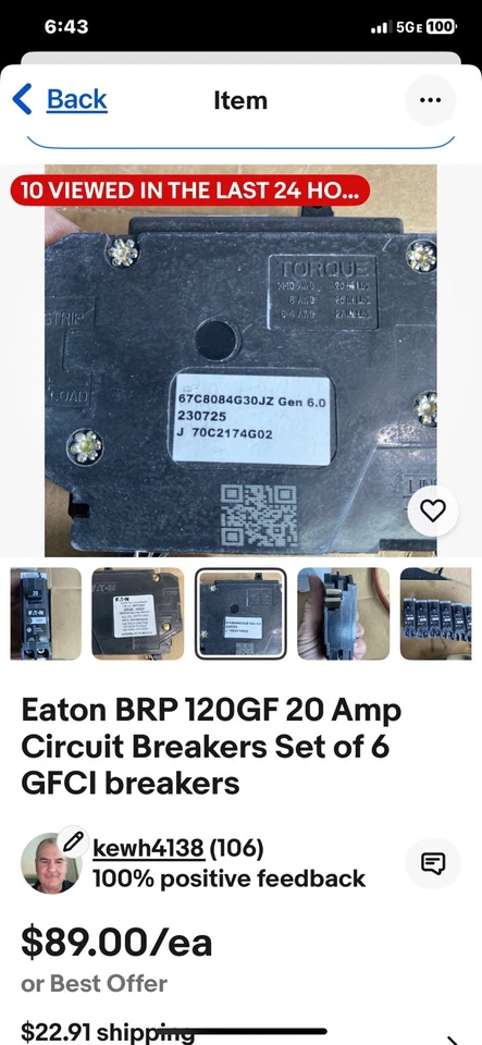 Eaton BRP 120GF 20 Amp Circuit Breakers Set of 12 GFCI breakers - Image 4 of 4