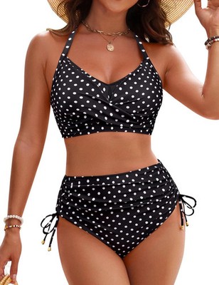 Blooming Jelly 2-Piece High Waisted Swimsuit, Women s Med Polka Dot Side Cinch