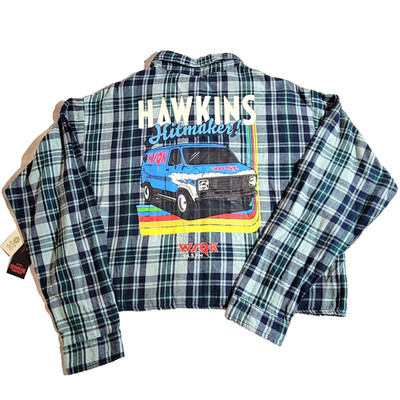 Stranger Things Hawkins Hitmaker Flannel Cropped Shirt WQK 94.5 FM NWT Medium