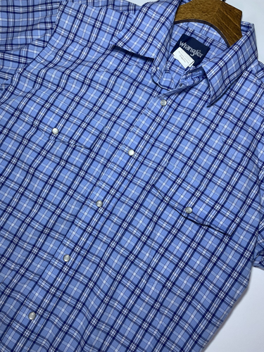 Wrangler Western Cowboy Rodeo Mens M Shirt Blue Plaid Short Sleeved Pearl Snap - Picture 3 of 9