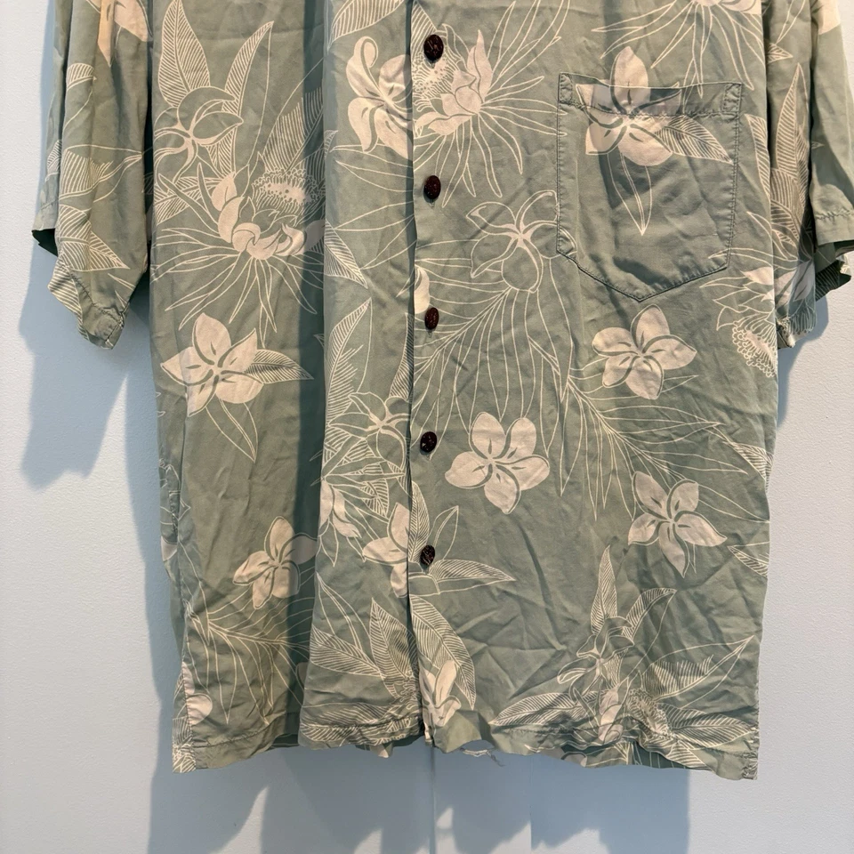 Vintage Hilo Hattie Hawaiian Shirt Men L Green Floral Rayon Made Hawaii USA - Image 4 of 4