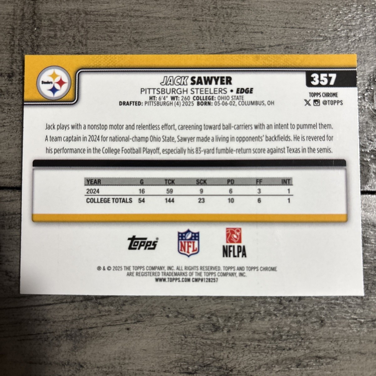 2025 Topps Chrome NFL Jack Sawyer Pulsar Refractor #357 Pittsburgh
