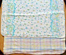 2 Vintage Pastel Baby Blankets, Open Weave Cotton & Flannel Receiving Blanket