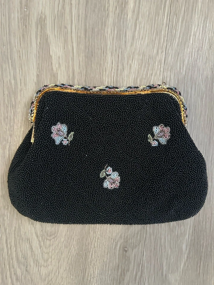 Bolso sin asas floral con cuentas negras hecho en Francia glamour noche formal delicado Foto 2 de 4