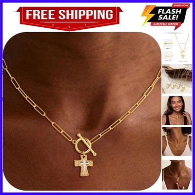Cross Necklace for Women Trendy -14K Gold Plated Chunky Gold Silver Cross Pen...