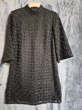 Topshop Black Lace Dress UK 10 High Neck Bell Sleeve Lined Mini Party Evening