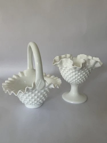 VTG Fenton White Milk Glass Footed Compote and Fenton Basket