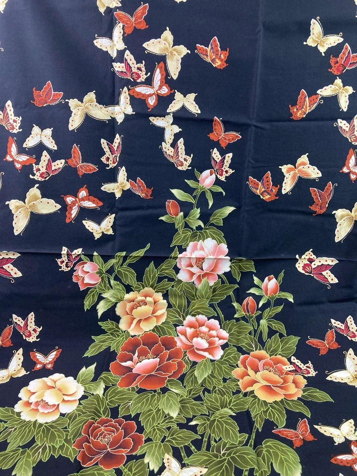 2 yds Asian Garden Butterflies Large Floral Flowers Gold Metallic Border Type - Image 2 of 4