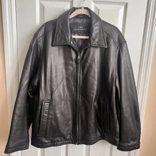 Dockers Mens Genuine Leather Jacket Black Full Zip Collared Lined Coat XL