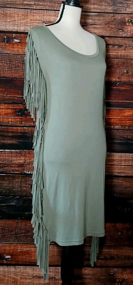 Lascana For Venus Dress Small Sage Green Side Fringe Fitted Viscose Boho Stretch - Image 3 of 4