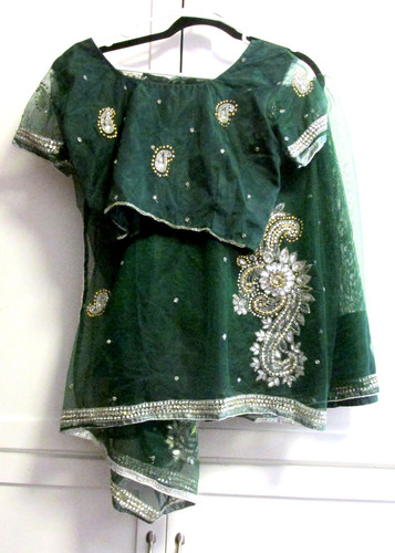 Indian/Pakistan Asian Green 2 Pc Ethnic Embellished Set Choli Top & Long Dupatta