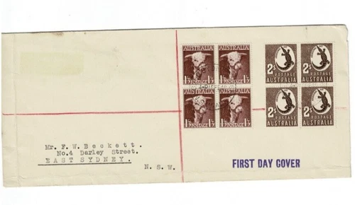 Stamps 1948 Australia 1/3 Bull & 2/- Croc blocks of 4 on government cachet FDC