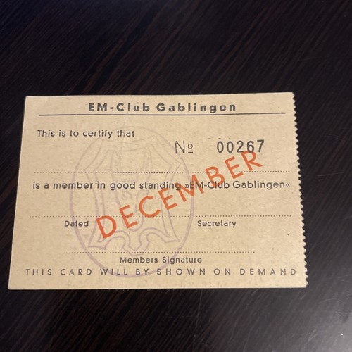 Military EM Club Membership Card Gablingen Germany Vtg