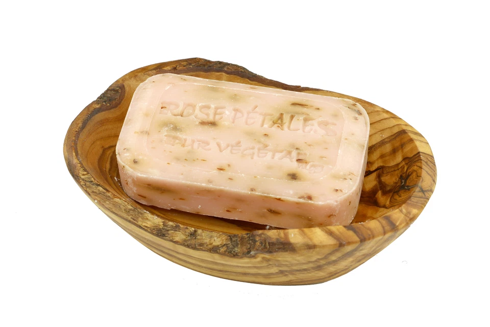 Porte-Savon "Rustique" En Bois D'Olive Avec Savon Végétal "Rose" - Photo 1/1