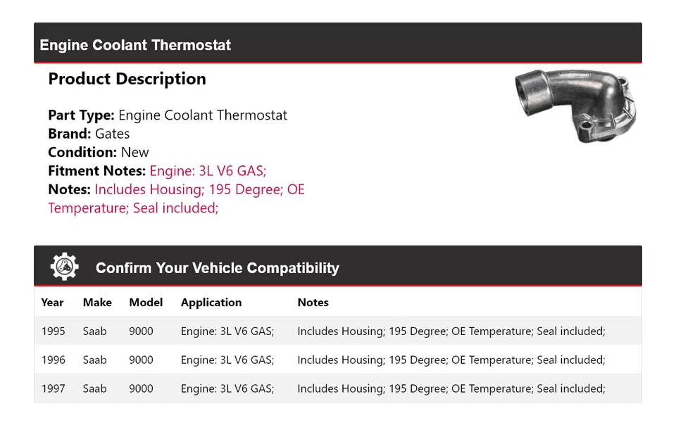 适用于 1995 - 1997 Saab 9000 3L V6 气体发动机冷却液恒温器门 1996 — 第 2/4 张图片