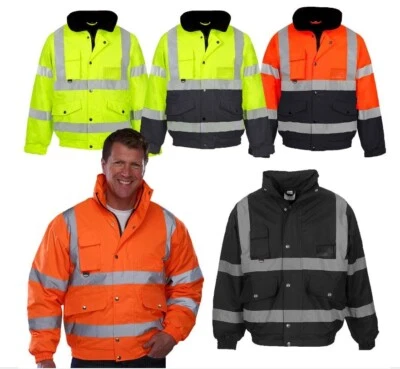 Hi Viz High Visibility Bomber Jacket Waterproof Padded Safety Work Security Coat
