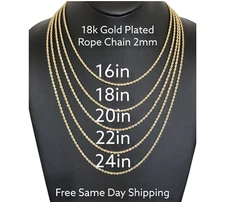 Stainless Steel Gold Plated Rope Chain 2mm Size 16-24in Hip Hop Jewelry Unisex