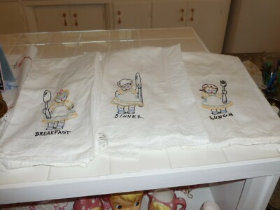  Set 3 Vintage Embroidered Girl Breakfast Lunch Dinner Flour Sack Dish Towels 