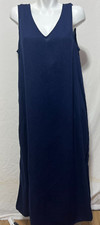 Tahari Linen Blend Large Long Maxi Navy Blue Summer Dress 2 Pockets New NWT