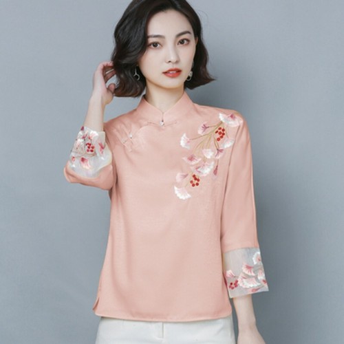 Mujeres Estilo Chino Formal Fiesta Delgada Tang Camisa Floral Bordado Prendas para el torso Blusa - Imagen 10 de 14