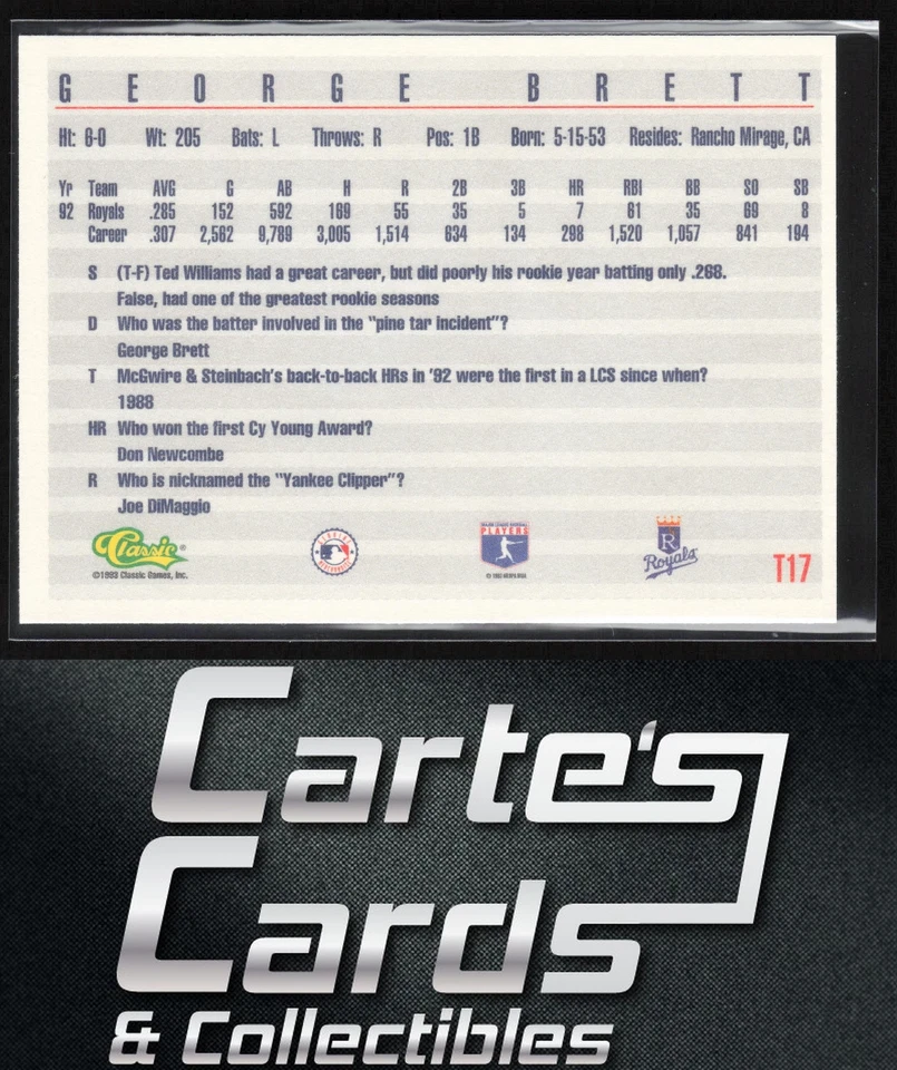 George Brett 1993 Classic Travel Blue #T17 Kansas City Royals Hall of Fame - Image 2 of 2