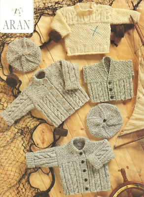 2132 CHILDS ARAN CABLE SWEATER, CARDIS HATS 16-24