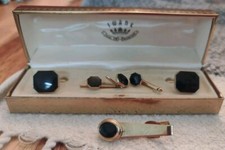 Vintage Swank Cufflinks 3 Shirt Studs Tie Pin Set Gold Black Stones Boxed