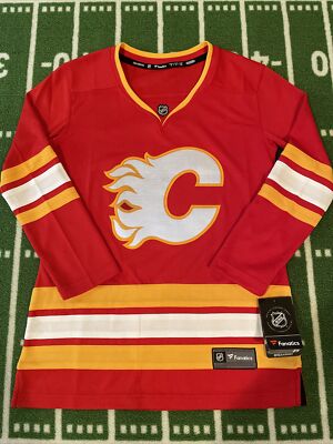 Women’s NWT Fanatics NHL Calgary Flames Home Hockey Jersey Sz S Red White  Sewn