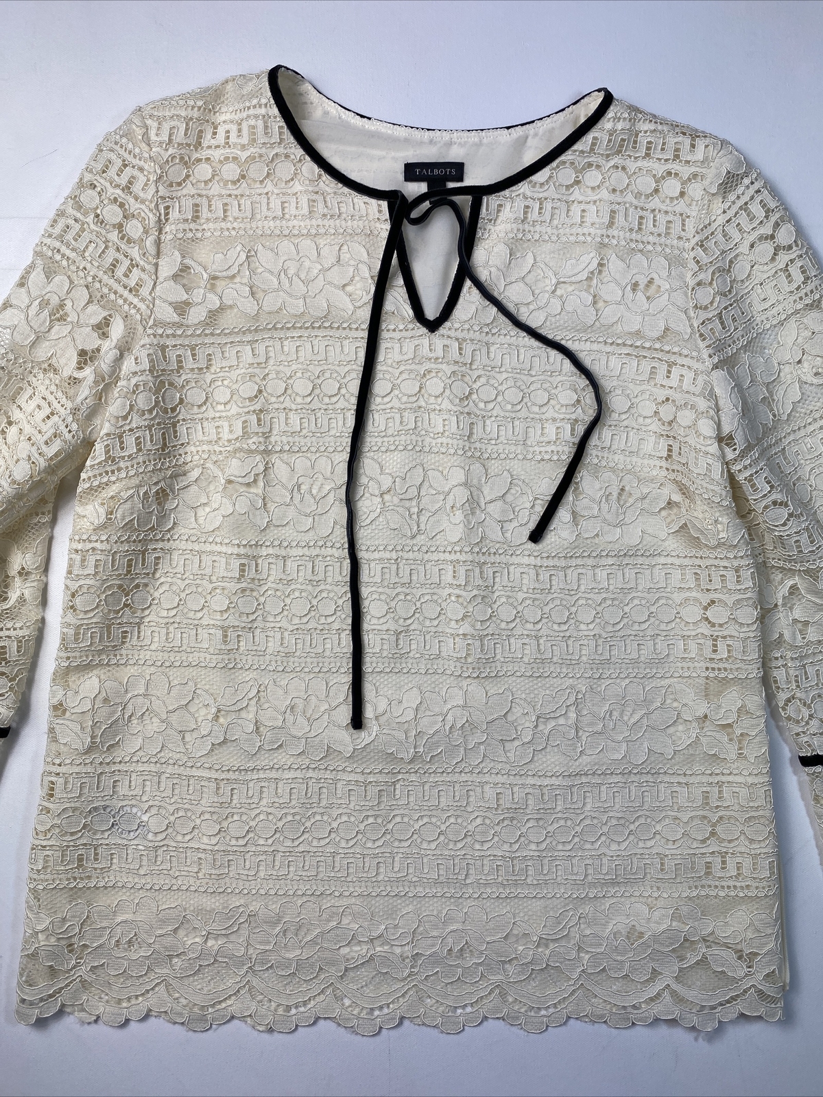 Talbots Ivory Lace Blouse Velvet Piping Trim Long Sl… Gem