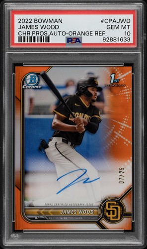 James Wood 2022 Bowman Chrome Orange Refractor 1st Rookie RC Auto /25 PSA 10