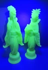 (2) Murano Style Vaseline Uranium Glass Sculpture Oriental Figurines 13"