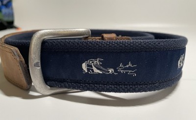 Vintage LL Bean Boat Ocean Embroidered Blue Canvas & Leather Belt Size 42