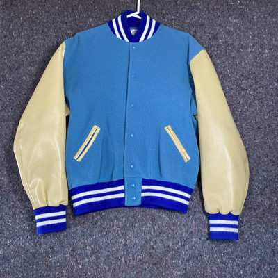 Vintage 50 s Doe-Lon Jacket Sand Knit Button Up Varsity Letterman Size 44 Blue