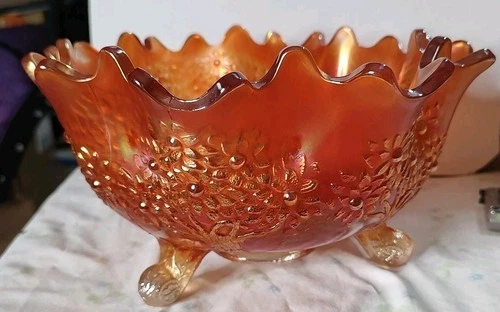 Large Vintage Bowl Large Footed Marigold Carnival Glass Orange Tree Pattern