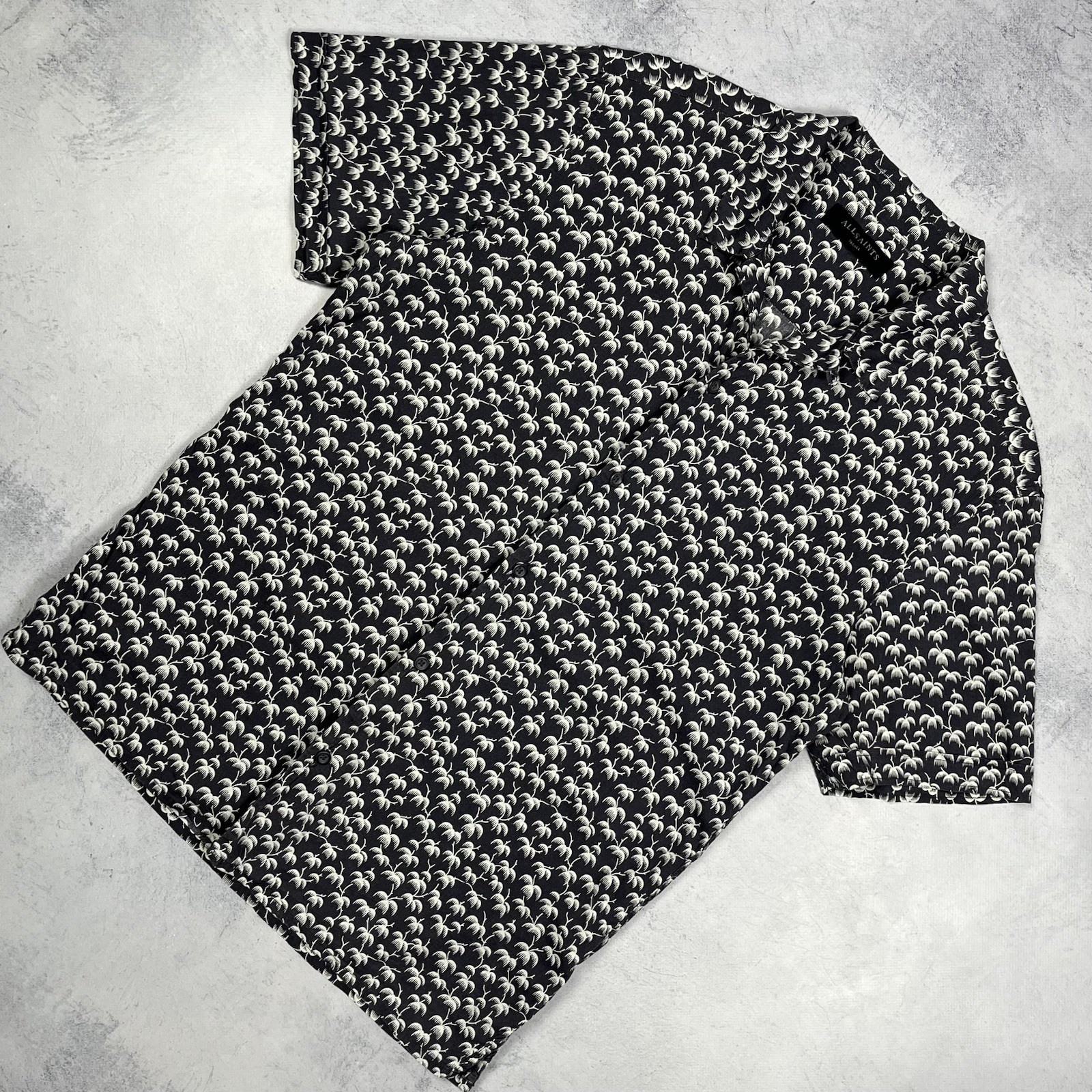 AllSaints Salix Palm Print Art Short Sleeve Shirt Size Small Grey Cotton/Viscose