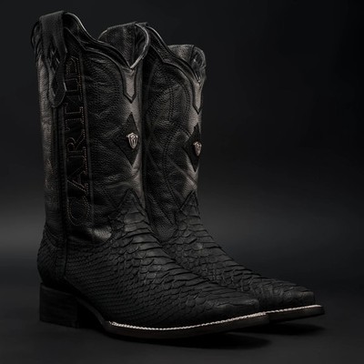 Genuine Original Exotic Python Snakeskin Square Toe Cowboy Western Boots - Black