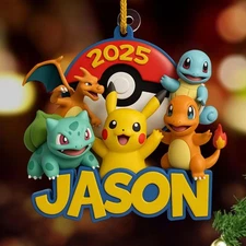 Personalized 3D Effect Pokemon Christmas Ornament, Custom Name Ornament,